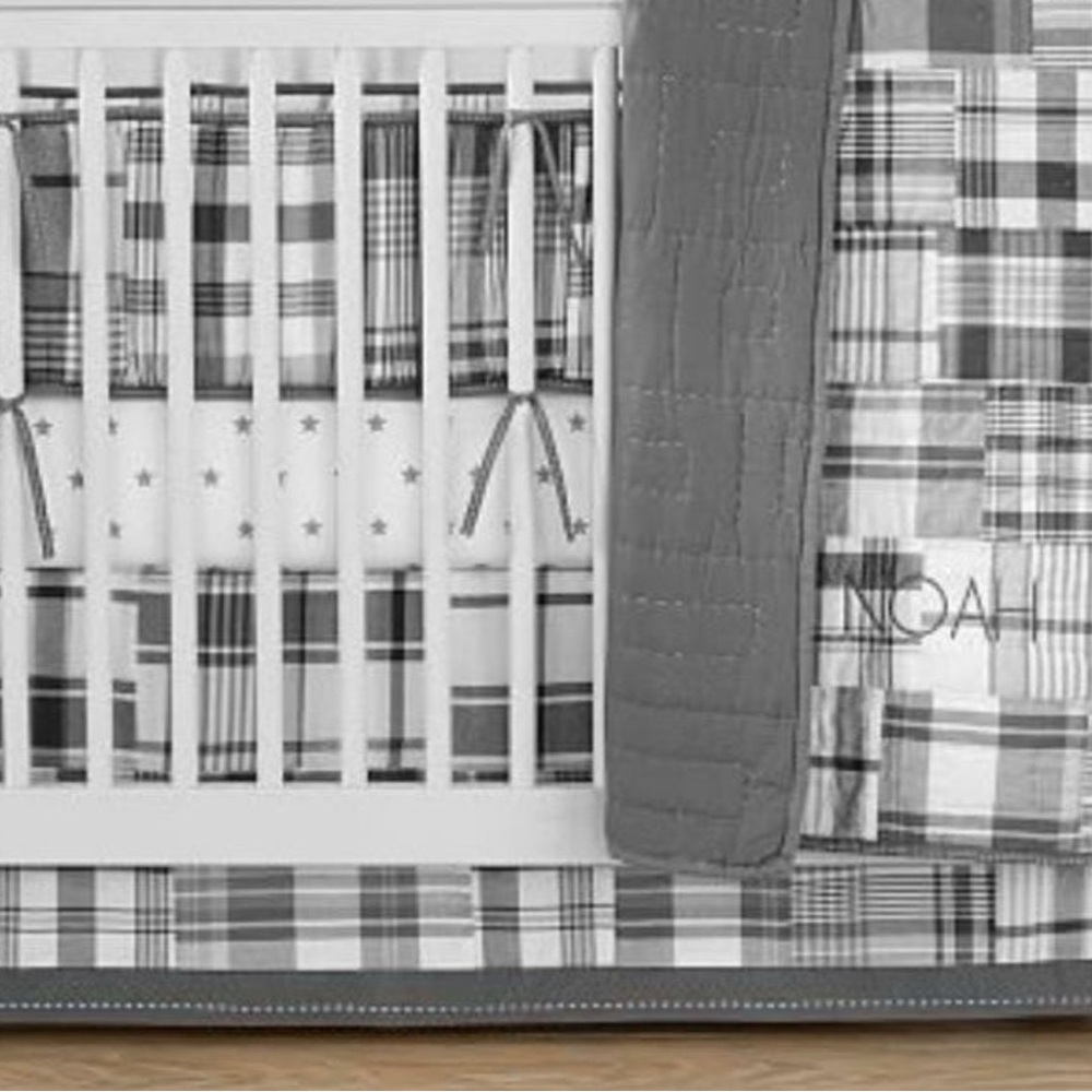 NWT Pottery Barn Baby Gray and White Madras Plaid Crib Skirt